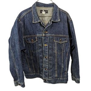 New York Jean Co Jean Jacket Mens Sz Medium Blue Denim Trucker Biker EUC Y2K Vtg